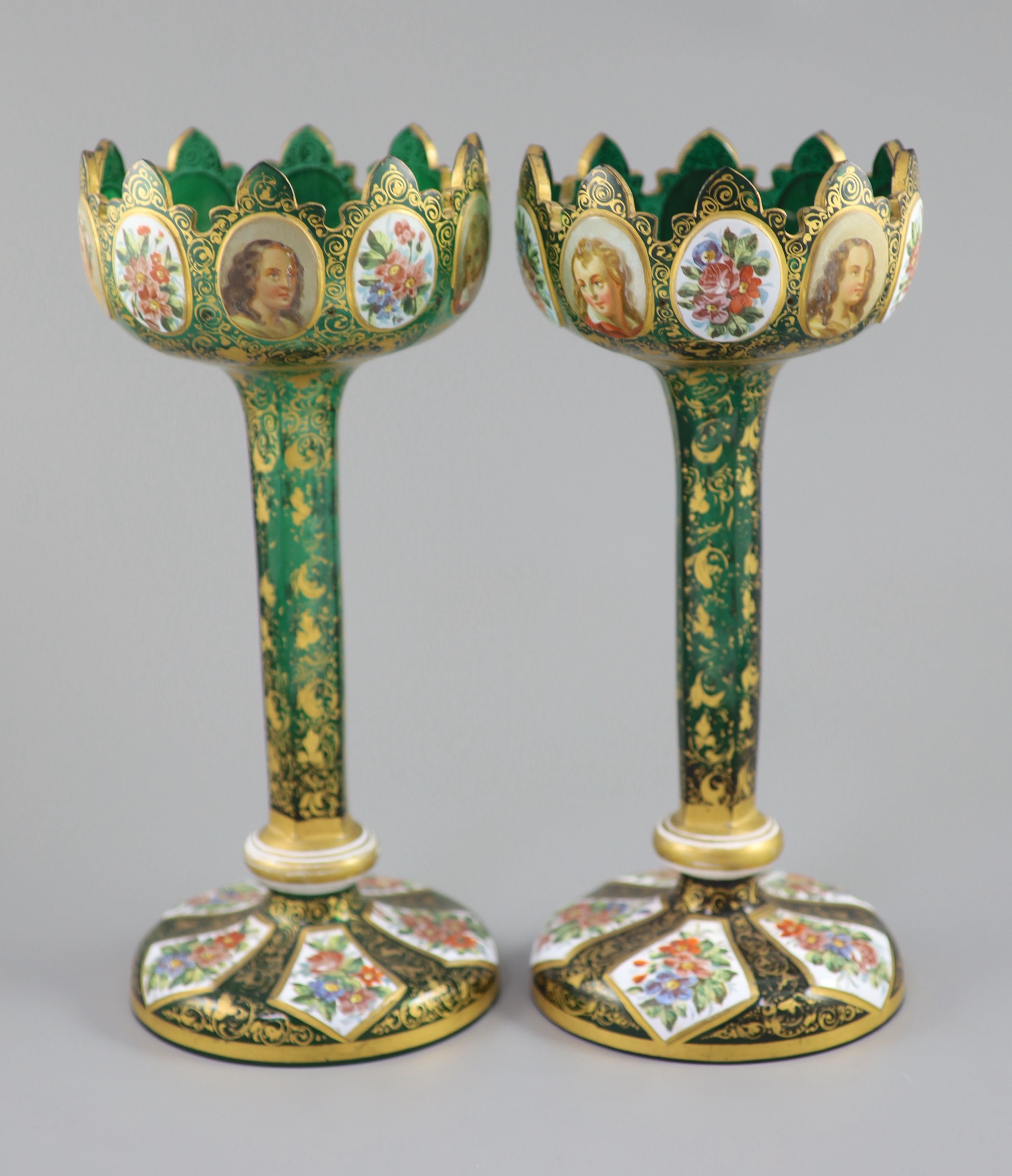 A pair of Bohemian enamelled white overlaid green glass vases, late 19th century, 31cm high